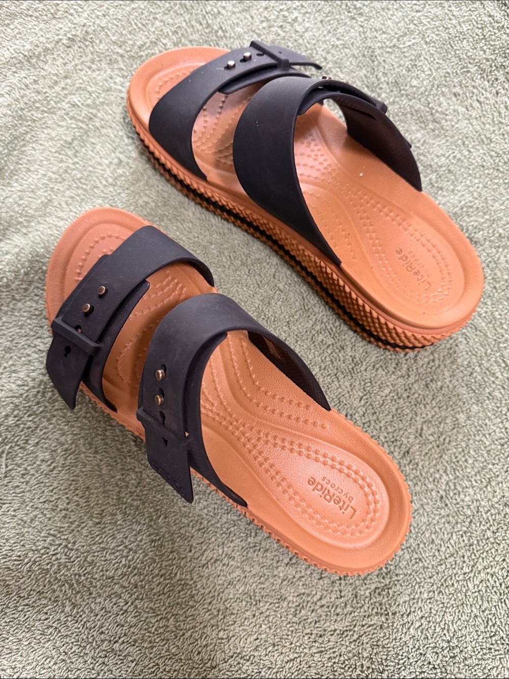 CROCS Black Strap Rattan look Wedge Slides